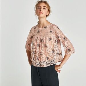 ZARA Basic pink pastel floral  Embroidered Lace sheer Swing Top Size XS